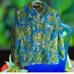 Linear Medium long sleeve lightweight button down green blue rayon blend blouse